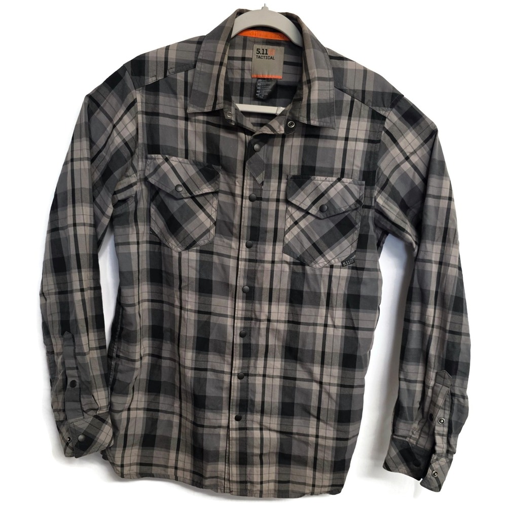 5.11 Tactical Mens Small Grey Black Plaid Snap Front Long Sleeve Cotton Shirt